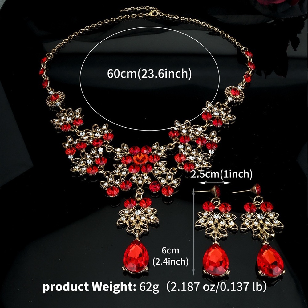 Floral Waterdrop Bridal Jewelry Set Red Crystal Necklace Wedding Party Jewelry